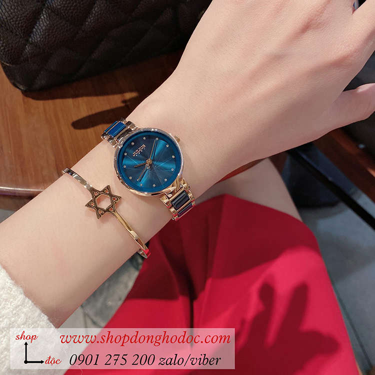 Đồng hồ nữ Caremic Hàn Quốc Julius JA 1209C dây kim loại mặt tròn xanh sành điệu ĐHĐ33402