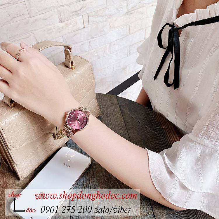 Đồng hồ nữ có lịch Julius JA 1218B dây kim loại mặt tròn đỏ quyến rũ ĐHĐ34403