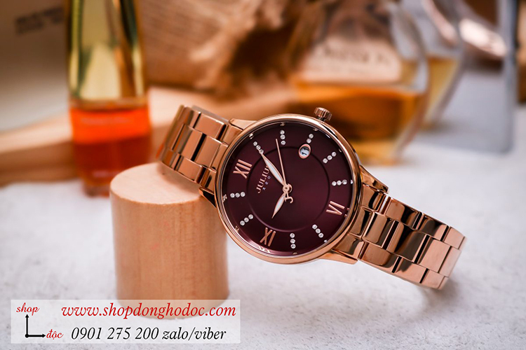 Đồng hồ nữ có lịch Julius JA 1218B dây kim loại mặt tròn đỏ quyến rũ ĐHĐ34403