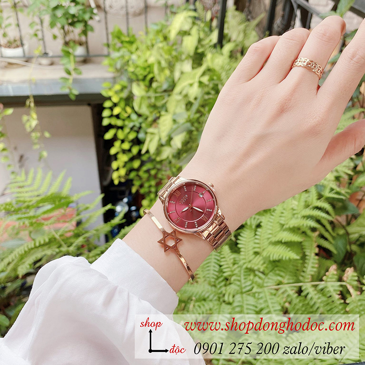 Đồng hồ nữ có lịch Julius JA 1218B dây kim loại mặt tròn đỏ quyến rũ ĐHĐ34403