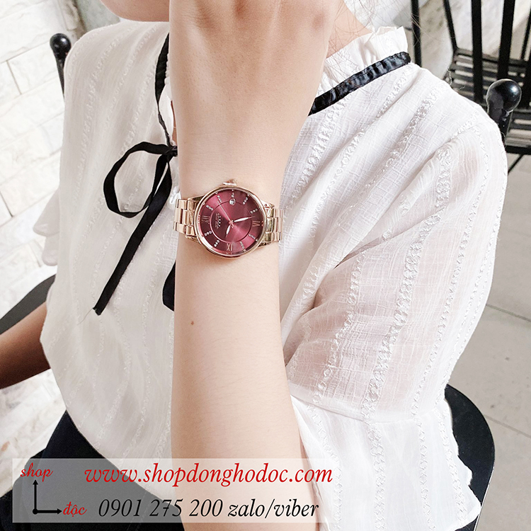 Đồng hồ nữ có lịch Julius JA 1218B dây kim loại mặt tròn đỏ quyến rũ ĐHĐ34403