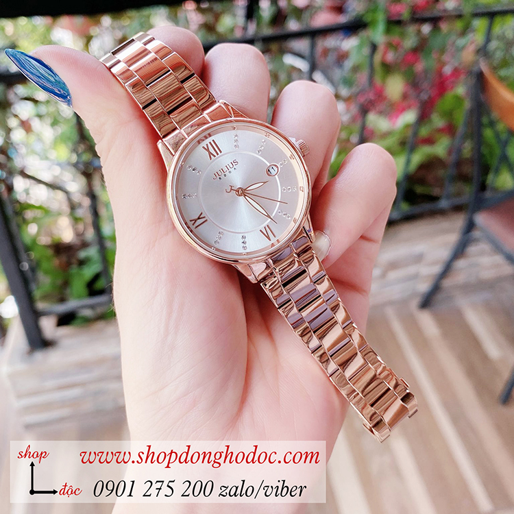 Đồng hồ nữ có lịch Julius JA 1218A dây kim loại mặt tròn trắng sang chảnh ĐHĐ34402