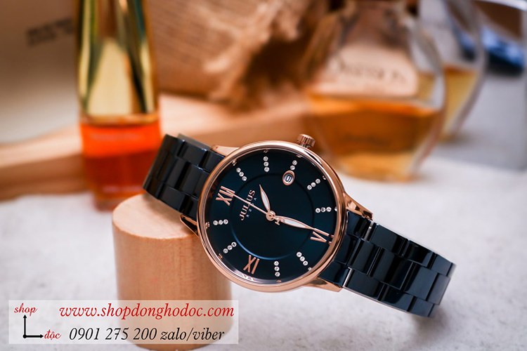 Đồng hồ nữ có lịch Julius JA 1218C dây kim loại mặt tròn xanh sành điệu ĐHĐ34401