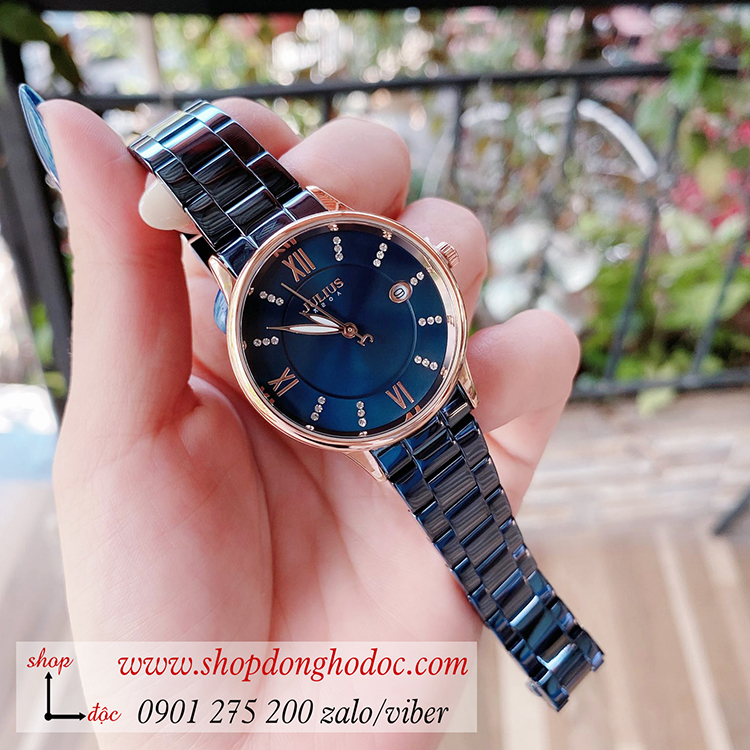 Đồng hồ nữ có lịch Julius JA 1218C dây kim loại mặt tròn xanh sành điệu ĐHĐ34401