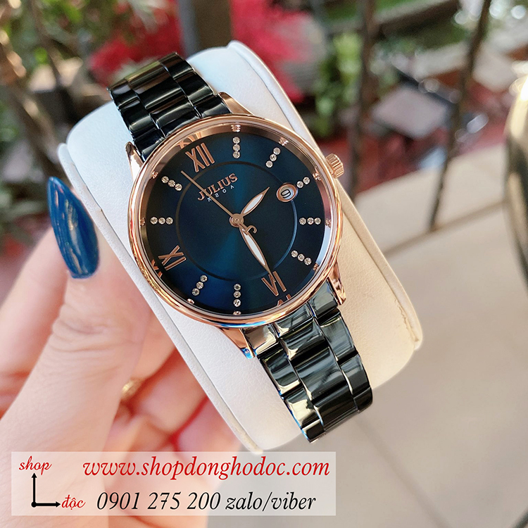 Đồng hồ nữ có lịch Julius JA 1218C dây kim loại mặt tròn xanh sành điệu ĐHĐ34401