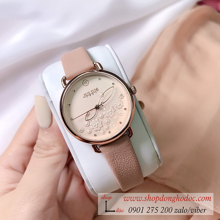 Đồng hồ nữ Hàn Quốc Julius JA 1239A dây da mặt tròn màu Hồng Nude Hoa Ngọt Ngào ĐHĐ31101