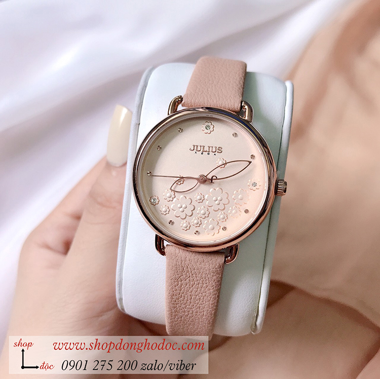 Đồng hồ nữ Hàn Quốc Julius JA 1239A dây da mặt tròn màu Hồng Nude Hoa Ngọt Ngào ĐHĐ31101