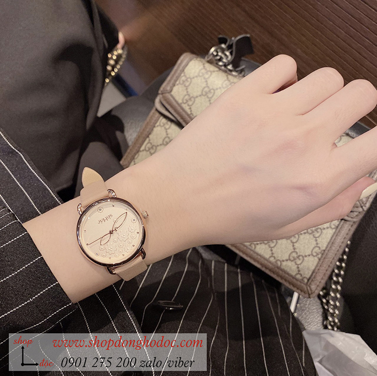 Đồng hồ nữ Hàn Quốc Julius JA 1239A dây da mặt tròn màu Hồng Nude Hoa Ngọt Ngào ĐHĐ31101