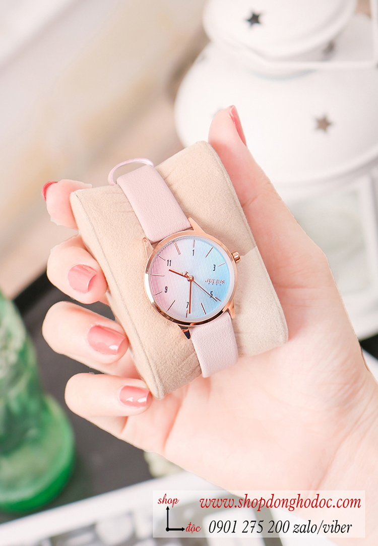 Đồng hồ nữ Julius Hàn Quốc JA 1253C dây da mặt tròn hồng pastel nhẹ nhàng ĐHĐ27701