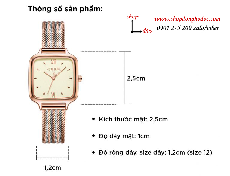 Đồng hồ nữ Julius JA 1264A dây kim loại lưới vàng mặt vuông vàng cổ điển ĐHĐ28804