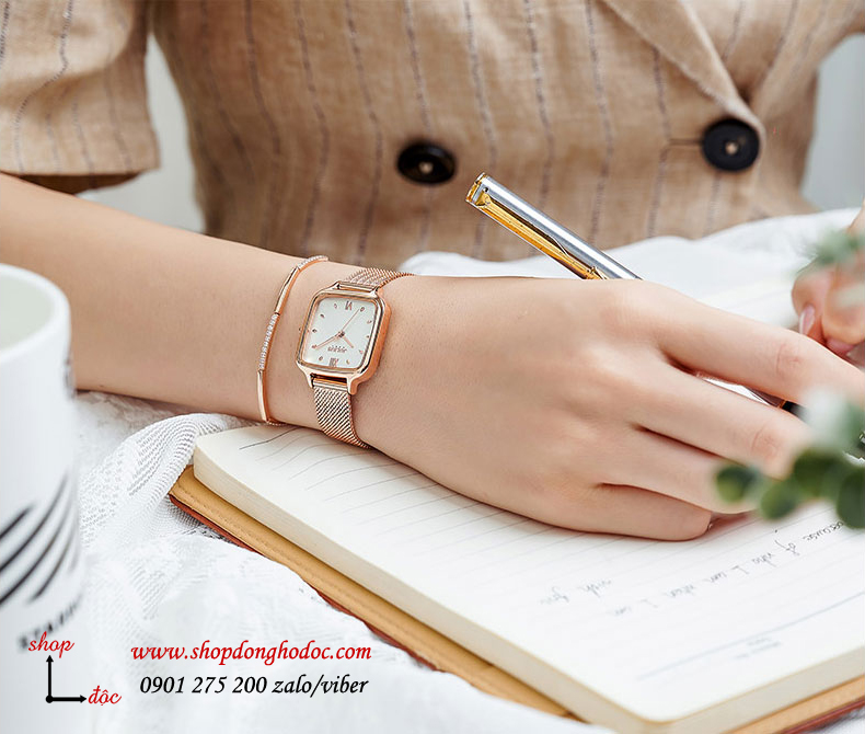 Đồng hồ nữ Julius JA 1264B dây kim loại lưới vàng mặt vuông trắng sang chảnh ĐHĐ28802