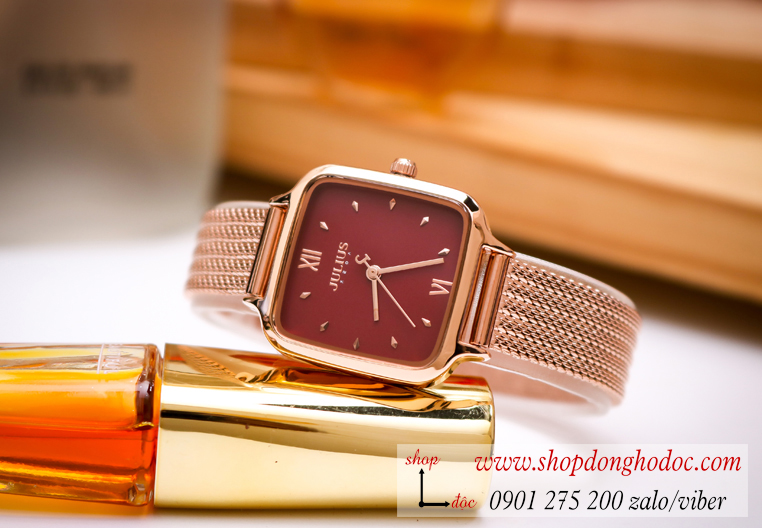 Đồng hồ nữ Julius JA 1264C dây kim loại lưới vàng mặt vuông đỏ quyến rũ ĐHĐ28803