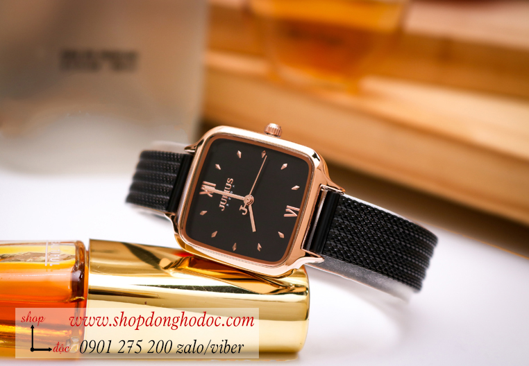 Đồng hồ nữ Julius JA 1264D dây kim loại lưới đen mặt vuông đen cá tính ĐHĐ28801