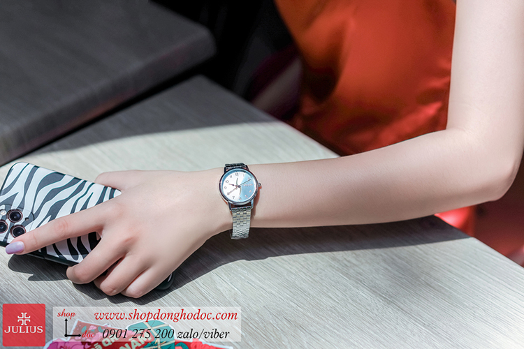 Đồng hồ nữ Julius JA 1265 dây kim loại mặt tròn bạc hiện đại ĐHĐ36401