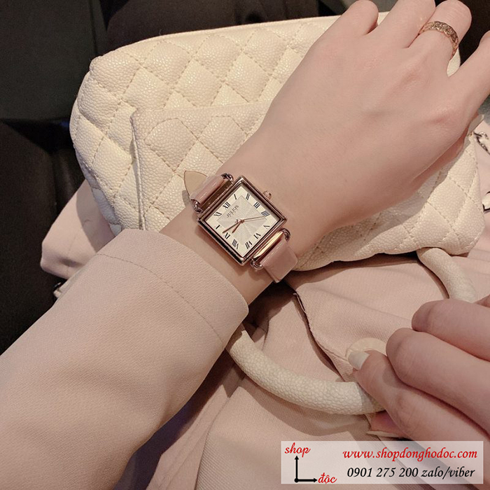 Đồng hồ nữ Julius Hàn Quốc JA 1266A dây da mặt vuông hồng pastel ngọt ngào ĐHĐ30203