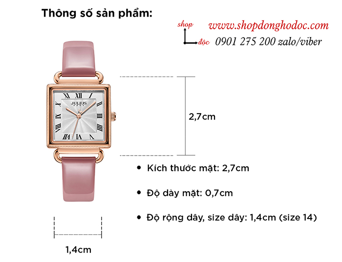 Đồng hồ nữ Julius Hàn Quốc JA 1266A dây da mặt vuông hồng pastel ngọt ngào ĐHĐ30203