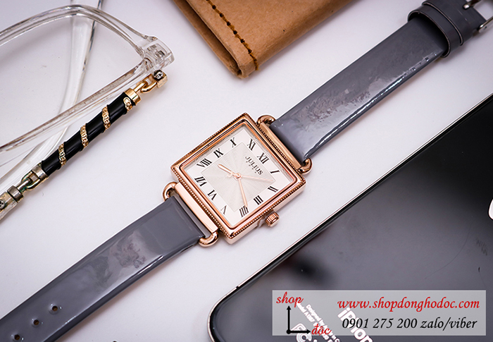 Đồng hồ nữ Julius Hàn Quốc JA 1266B dây da mặt vuông xám sành điệu ĐHĐ30202