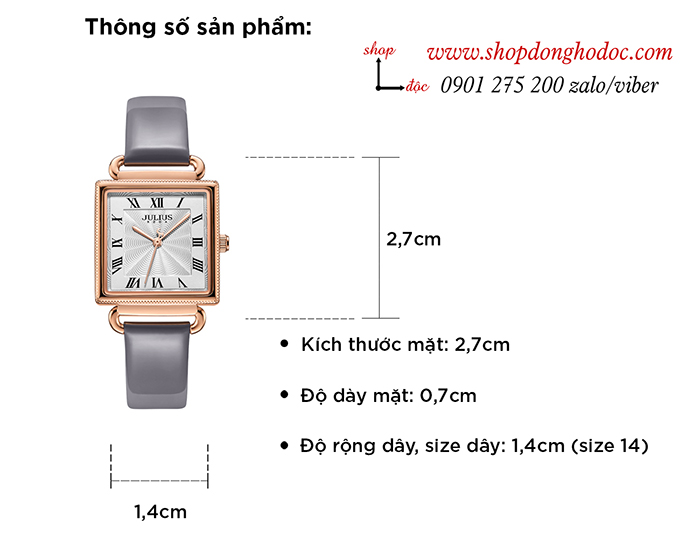 Đồng hồ nữ Julius Hàn Quốc JA 1266B dây da mặt vuông xám sành điệu ĐHĐ30202