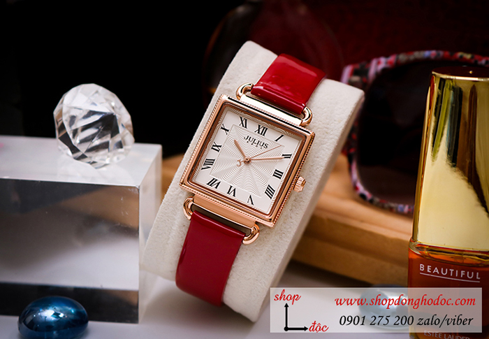 Đồng hồ nữ Julius Hàn Quốc JA 1266C dây da mặt vuông đỏ quyến rũ ĐHĐ30201