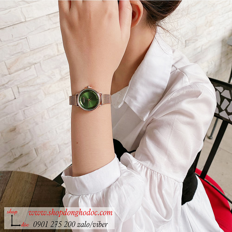 Đồng hồ Julius Hàn Quốc JA 1268A nữ dây kim loại vàng mặt tròn xanh lục sành điệu ĐHĐ32701
