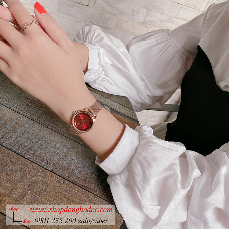Đồng hồ Julius Hàn Quốc JA 1268C nữ dây kim loại vàng mặt tròn đỏ đô quyến rũ ĐHĐ3270
