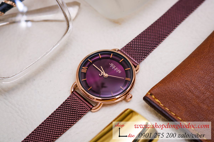 Đồng hồ Julius Hàn Quốc JA 1268D nữ dây kim loại mặt tròn tím thời thượng ĐHĐ32704