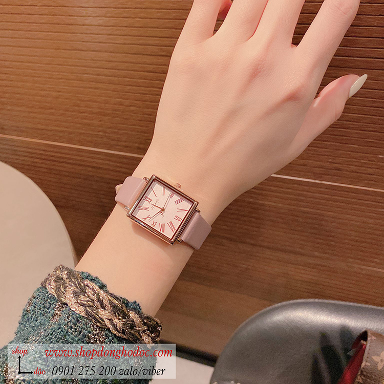 Đồng hồ nữ Hàn Quốc Julius JA 1269B dây da mặt chữ nhật hồng pastel sang chảnh ĐHĐ31001