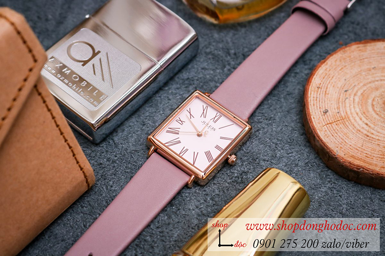 Đồng hồ nữ Hàn Quốc Julius JA 1269B dây da mặt chữ nhật hồng pastel sang chảnh ĐHĐ31001