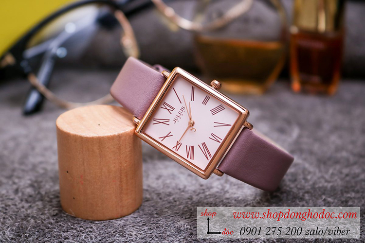 Đồng hồ nữ Hàn Quốc Julius JA 1269B dây da mặt chữ nhật hồng pastel sang chảnh ĐHĐ31001