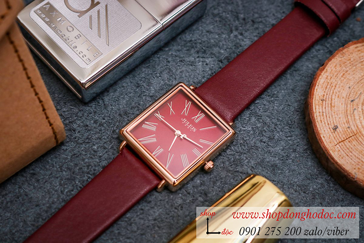 Đồng hồ nữ Hàn Quốc Julius JA 1269D dây da mặt chữ nhật đỏ đô quyến rũ ĐHĐ31002