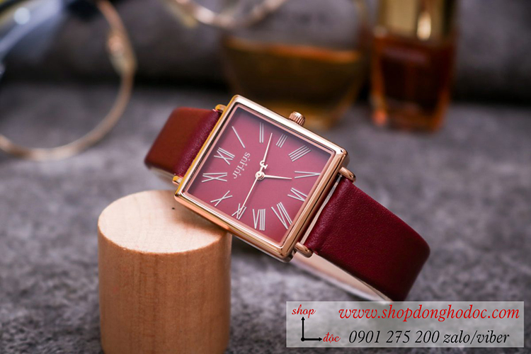 Đồng hồ nữ Hàn Quốc Julius JA 1269D dây da mặt chữ nhật đỏ đô quyến rũ ĐHĐ31002