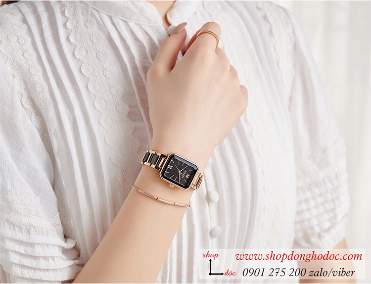 Đồng hồ nữ Hàn Quốc Julius JA 1273D dây kim loại vàng mặt vuông đen cá tính ĐHĐ33202