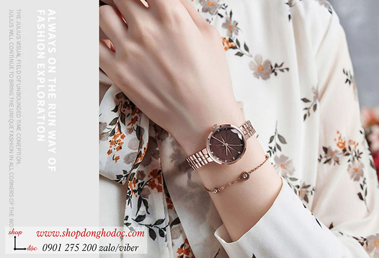 Đồng hồ nữ Julius JA 1278B dây kim loại vàng mặt tròn size nhỏ đỏ quý phái ĐHĐ35203