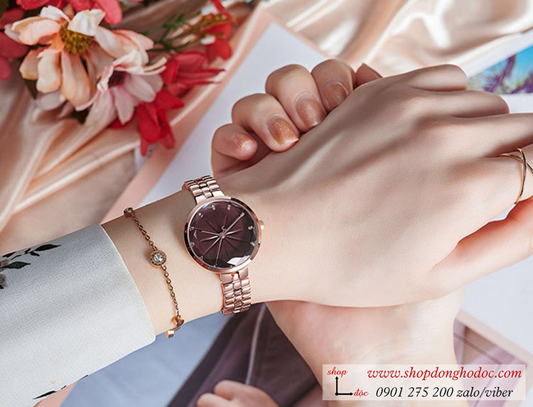 Đồng hồ nữ Julius JA 1278B dây kim loại vàng mặt tròn size nhỏ đỏ quý phái ĐHĐ35203