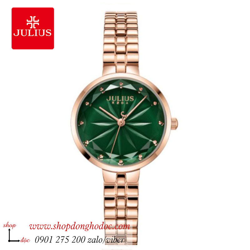 Đồng hồ nữ Julius JA 1278C dây kim loại vàng mặt tròn size nhỏ xanh lục sành điệu ĐHĐ35201