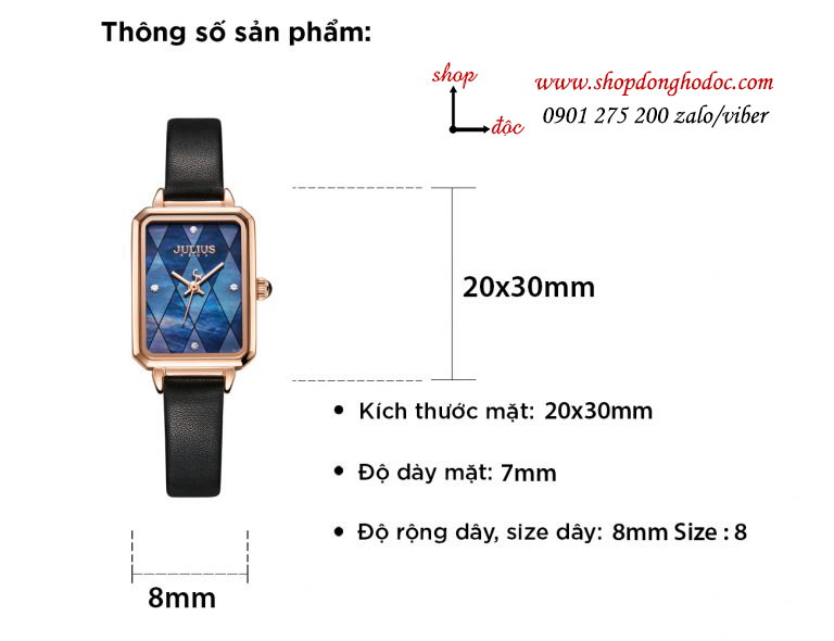 Đồng hồ nữ Julius Hàn Quốc JA 1280B dây da mặt chữ nhật khảm trai xanh cá tính ĐHĐ30302