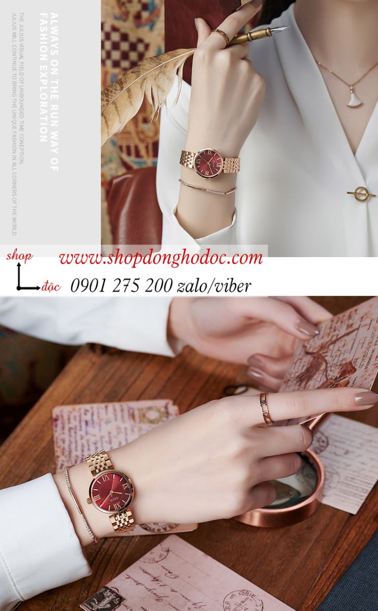 Đồng hồ nữ Julius JA 1282 dây kim loại mặt tròn size nhỏ đỏ nổi bật ĐHĐ37501