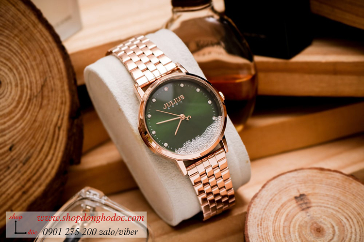 Đồng hồ nữ Julius JA 1283B dây kim loại mặt tròn đính đá xanh lục sành điệu ĐHĐ34701