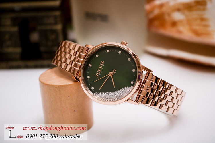 Đồng hồ nữ Julius JA 1283B dây kim loại mặt tròn đính đá xanh lục sành điệu ĐHĐ34701