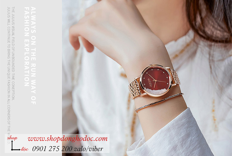 Đồng hồ nữ Julius JA 1283C dây kim loại mặt tròn đính đá đỏ quý phái ĐHĐ34704