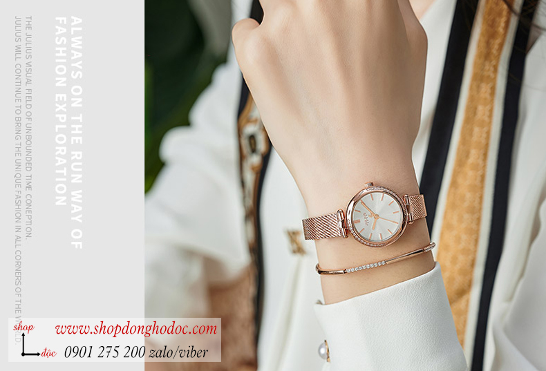 Đồng hồ nữ Julius JA 1284A dây kim loại mặt tròn đính đá trắng sang chảnh ĐHĐ34803