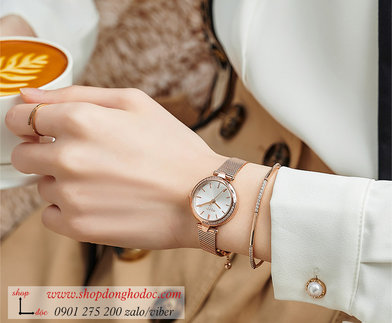 Đồng hồ nữ Julius JA 1284A dây kim loại mặt tròn đính đá trắng sang chảnh ĐHĐ34803