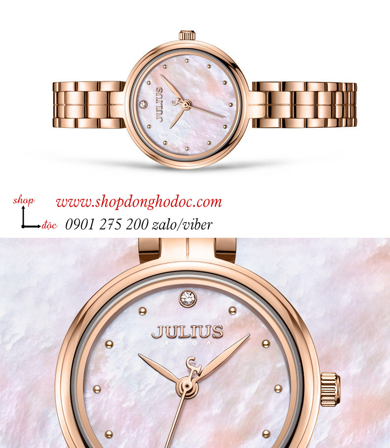Đồng hồ nữ Julius JA 1294 dây kim loại mặt tròn size nhỏ khảm trai trắng hồng sang chảnh ĐHĐ37401