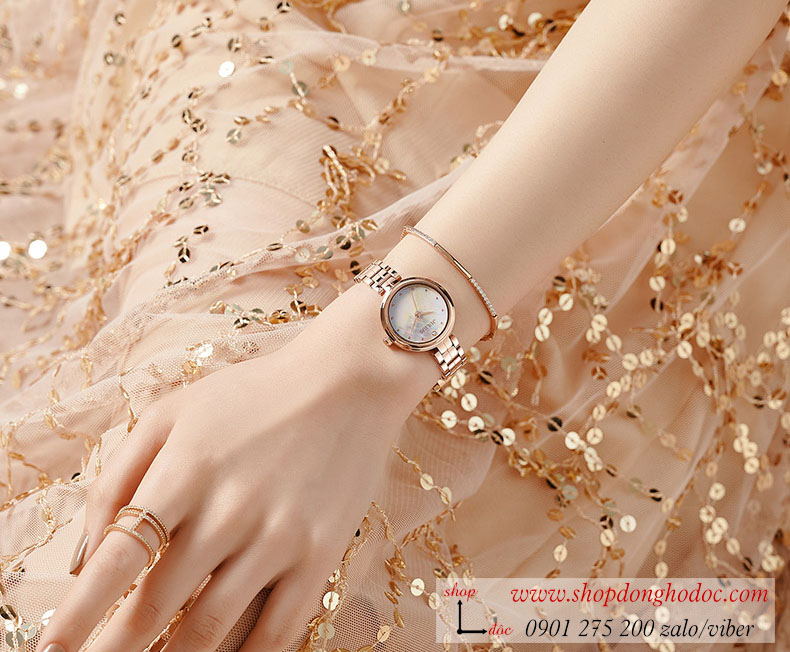 Đồng hồ nữ Julius JA 1294 dây kim loại mặt tròn size nhỏ khảm trai trắng hồng sang chảnh ĐHĐ37401