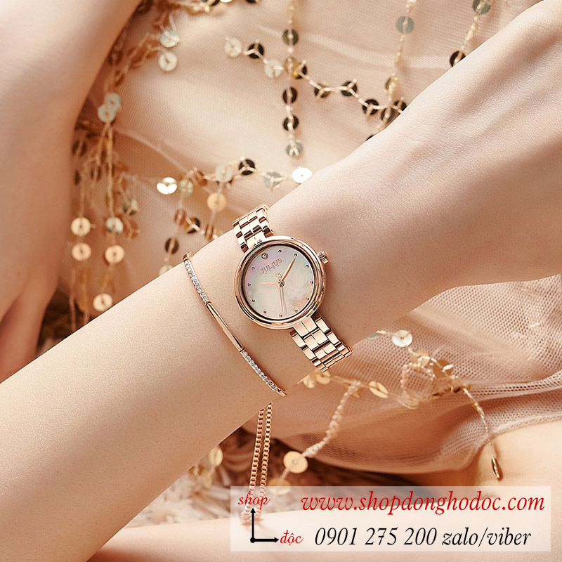 Đồng hồ nữ Julius JA 1294 dây kim loại mặt tròn size nhỏ khảm trai trắng hồng sang chảnh ĐHĐ37401