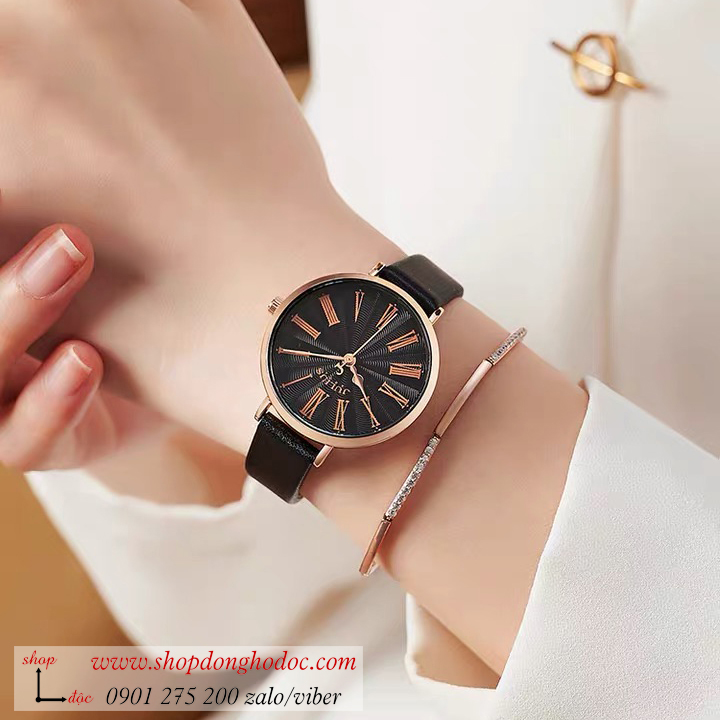 Đồng hồ nữ Julius JA 1300 dây da mặt tròn đen cá tính ĐHĐ37204