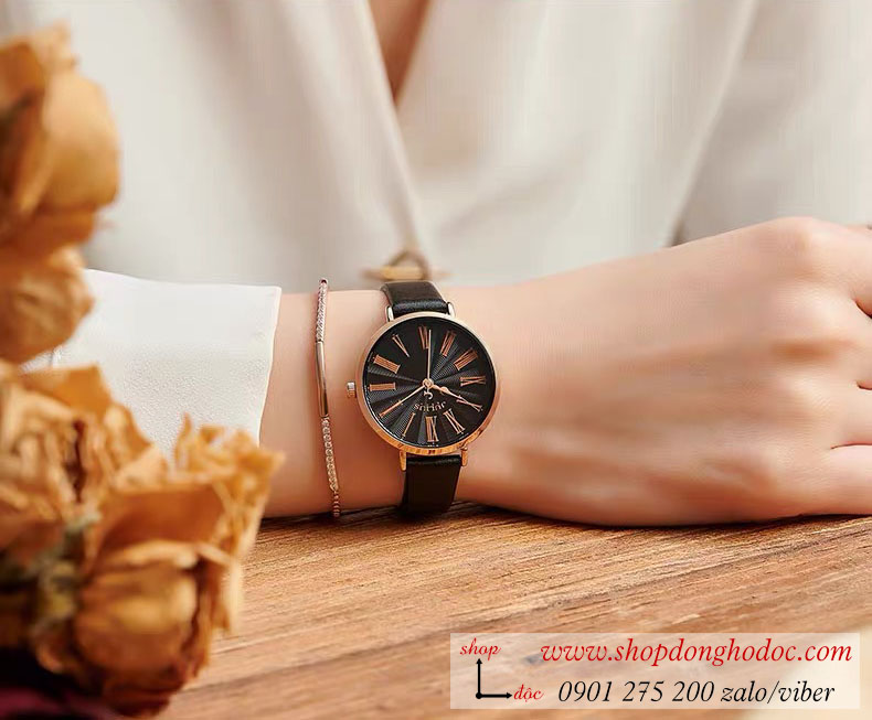 Đồng hồ nữ Julius JA 1300 dây da mặt tròn đen cá tính ĐHĐ37204