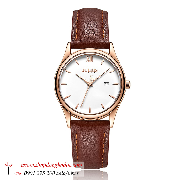 Đồng hồ nữ Julius JA 1309LC3 dây da nâu mặt tròn trắng có lịch ĐHĐ36102