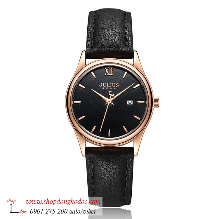 Đồng hồ nữ Julius JA 1309LD dây da đen mặt tròn đen có lịch ĐHĐ36104