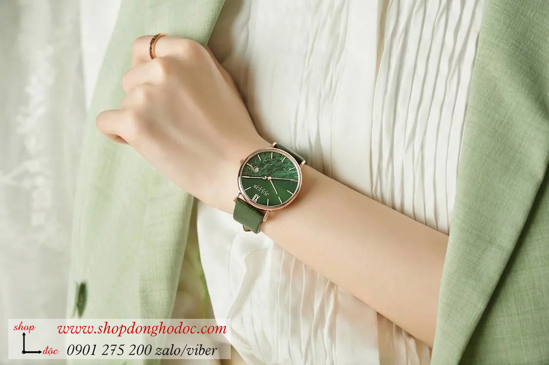 Đồng hồ nữ Julius JA 1312 dây da mặt tròn size to xanh lục cá tính ĐHĐ38202